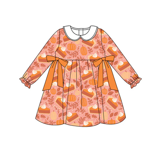 Preorder (moq 5)Baby Girls Peach Long Ruffle Sleeves Pie Pumpkins Bows Knee Length Dresses 7.1