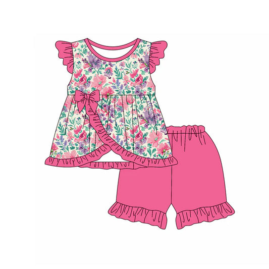 Preorder moq 5 Baby Girls Pink Flutter Sleeves Floral Bows Tunic Ruffle Short Set 4.18