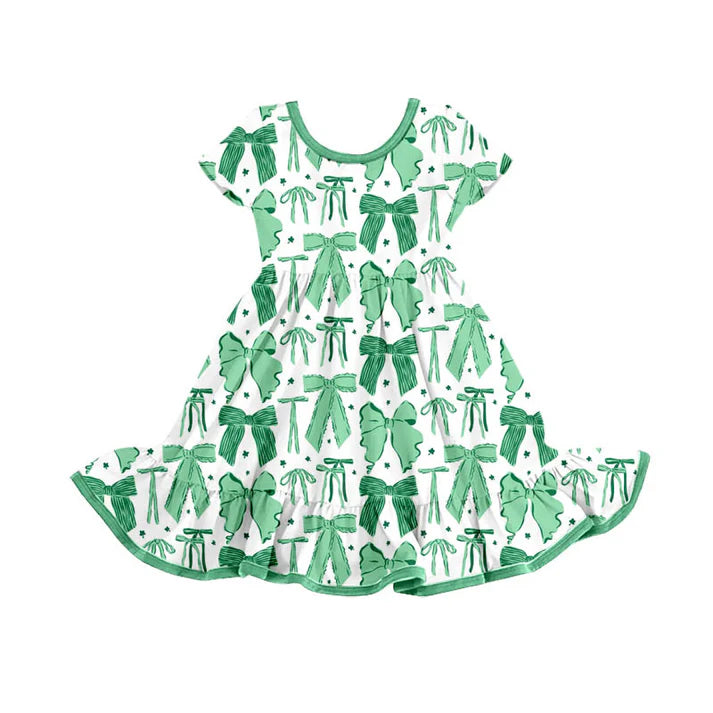 Preorder(moq 8)Baby Girls Green Bows Stars Ruffle Knee Length Dresses 9.26