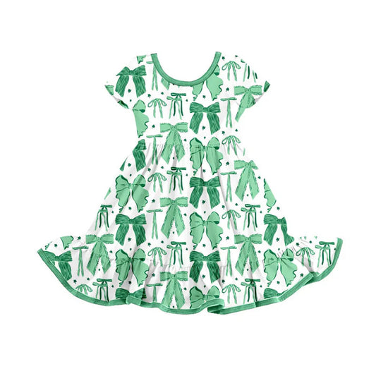 Preorder(moq 8)Baby Girls Green Bows Stars Ruffle Knee Length Dresses 9.26