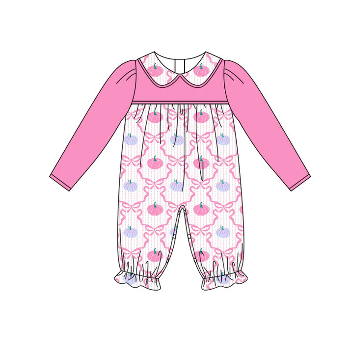 Preorder (moq 5)Baby Girls Pink Long Sleeves Bows Pumpkins Plaid Ruffle Rompers 6.3