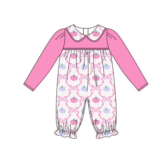 Preorder (moq 5)Baby Girls Pink Long Sleeves Bows Pumpkins Plaid Ruffle Rompers 6.3