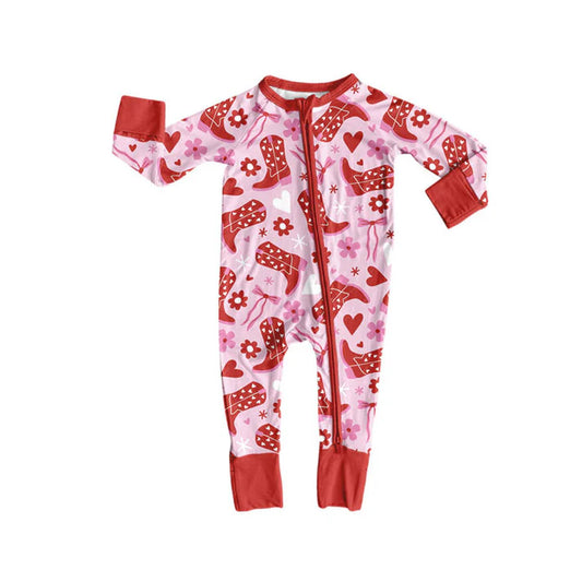 Preorder (moq 5)Baby Girls Boots Bows Flowers Valentine Zipper Footie Rompers 9.3