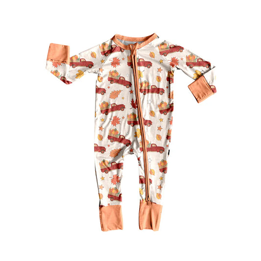 Preorder (moq 5)Baby Girls Long Sleeves Red Trucks Pumpkins Leaves Zipper Rompers 5.24