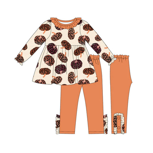 Preorder (moq 5)Baby Girls Long Ruffle Sleeves Leopard Pumpkins Plaid Tunic Legging Pants Set 7.26