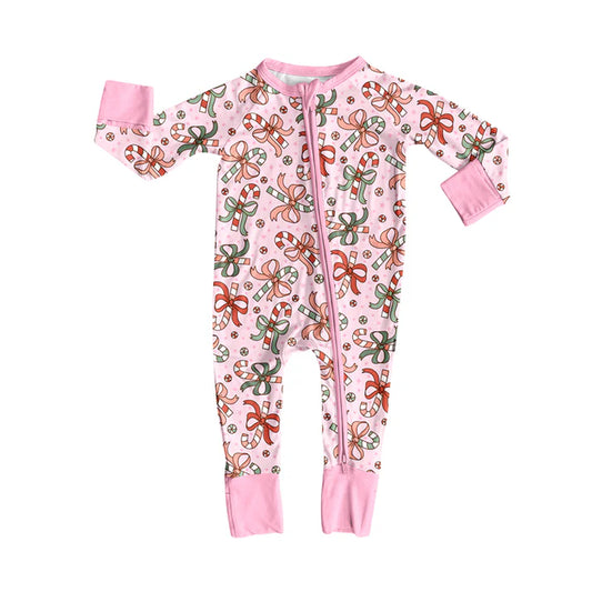 Preorder (moq 5)Baby Girls Pink Long Sleeves Bows Candy Cane Plaid Zipper Romper 7.3