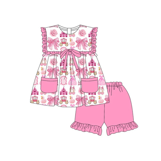 Preorder moq 5 Baby Girls Sleeveless Bows Flowers Pockets Tunic Ruffle Short Set 4.19