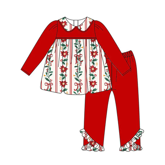Preorder (moq 5)Baby Girls Red Long Sleeves Flower Bows Stripe Tunic Ruffle Legging Pant Sets 6.11