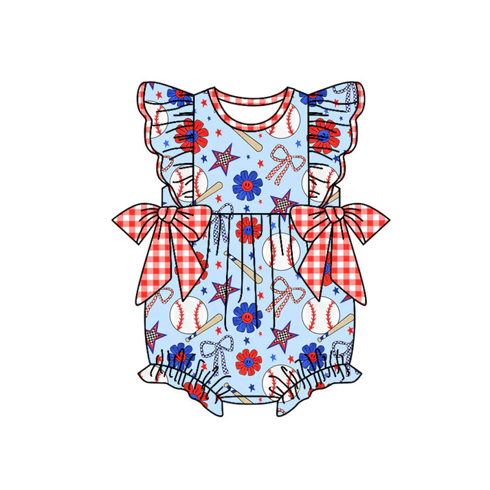 Preorder moq 5 Baby Girls Blue Flutter Sleeves Baseballs Flowers 4th Of July Ruffle Rompers 4.17