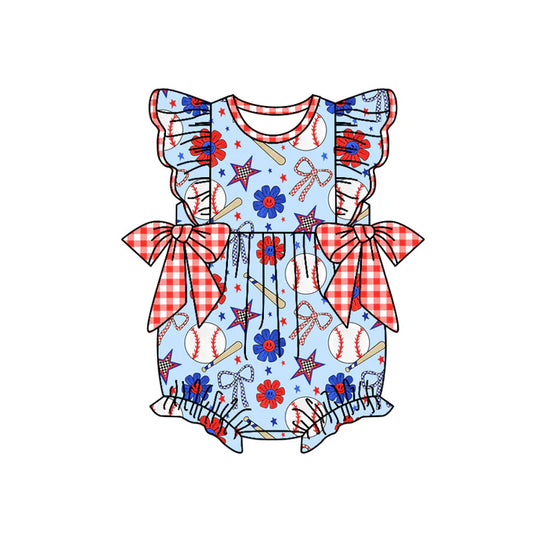 Preorder moq 5 Baby Girls Blue Flutter Sleeves Baseballs Flowers 4th Of July Ruffle Rompers 4.17