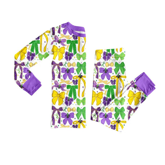Preorder (moq 8)Baby Girls Purple Yellow Green Bows Stars Pants Mardigras Pajamas Sets 9.11