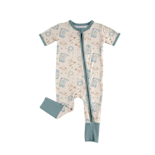 Preorder (moq 5)Baby Boys Light Blue Short Sleeves Horse Boots Zipper Rompers 6.5