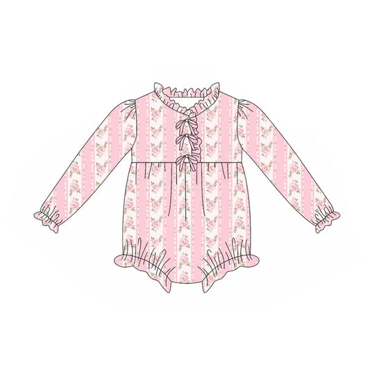 Preorder(moq 5)Baby Infant Girls Pink Flowers Stripe Button Ruffle Rompers 7.29
