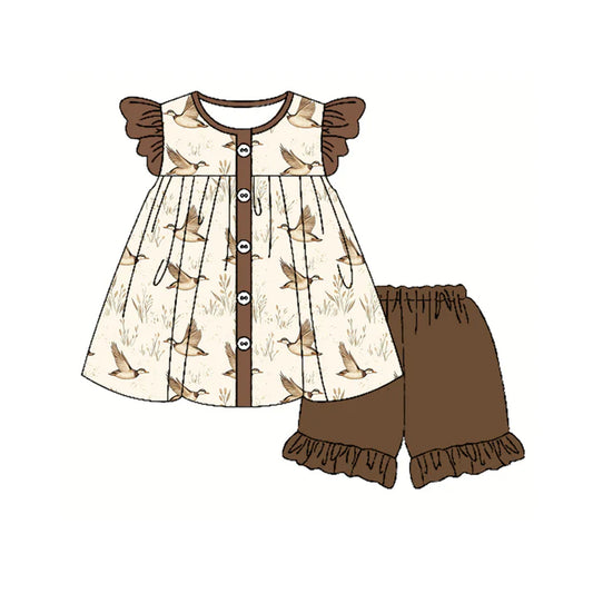 Preorder moq 5 Baby Girls Brown Ducks Button Tunic Ruffle Short Set 4.18