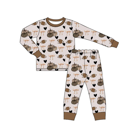 Preorder (moq 5)Baby Boys Lavender Long Sleeves Footballs Bows Pumpkins Top Pant Pajamas Set 6.14