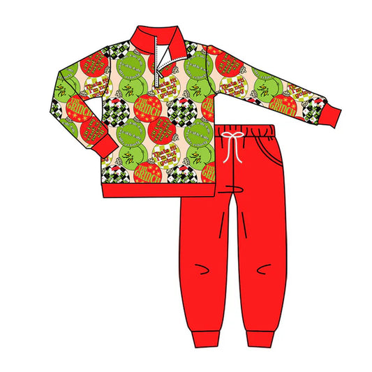 Preorder (moq 8)Baby Boys Red Green Lights Zipper Pullover Pockets Jogger Christmas Clothes Sets 9.23