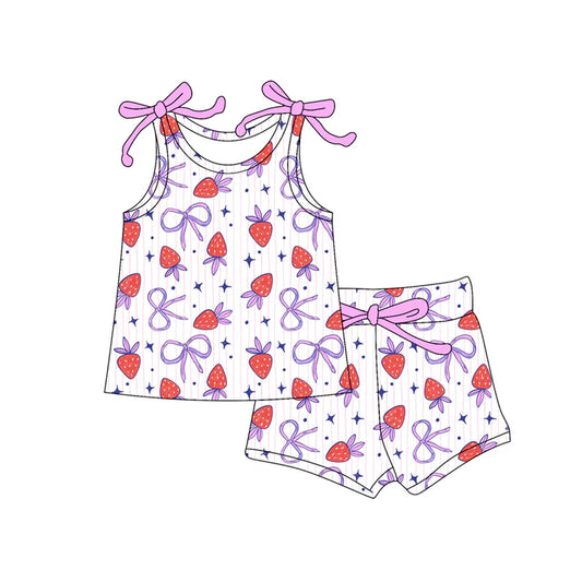 Preorder moq 5 Baby Girls Bows Sleeveless Strawberry Bows Top Short Set 4.16