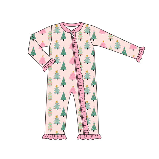 Preorder (moq 5)Baby Girls Pink Long Sleeves Colorful Trees Plaid Ruffle Zipper Romper 7.3