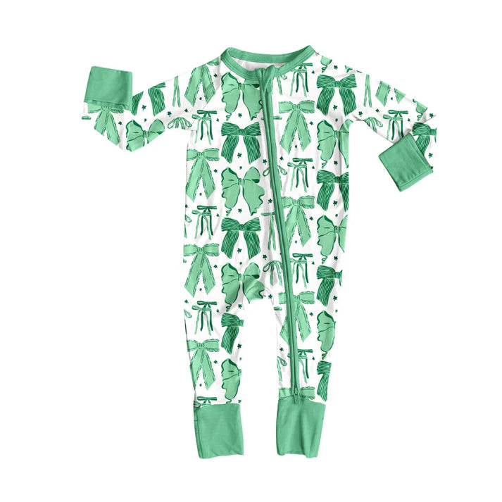 Preorder (moq 8)Baby Girls Green Bows Stars Zipper Footie Rompers 9.26