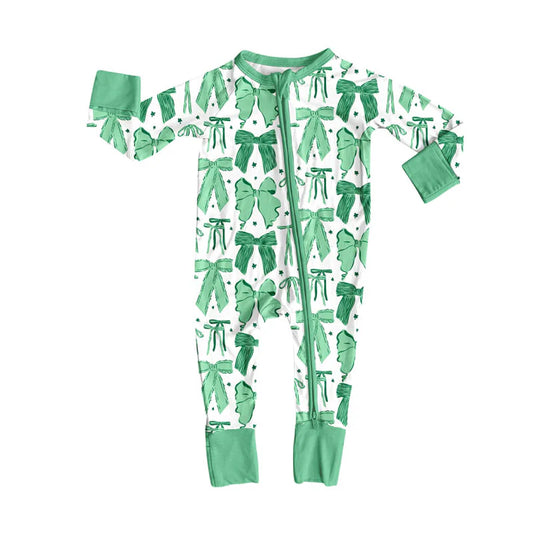 Preorder (moq 8)Baby Girls Green Bows Stars Zipper Footie Rompers 9.26