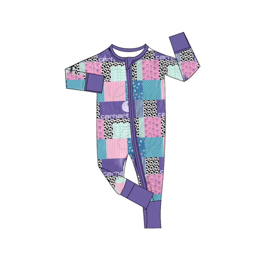 Preorder (moq 5)Baby Boys Western Cow Boots Stars Lavender Zip Long Sleeves Rompers 6.9