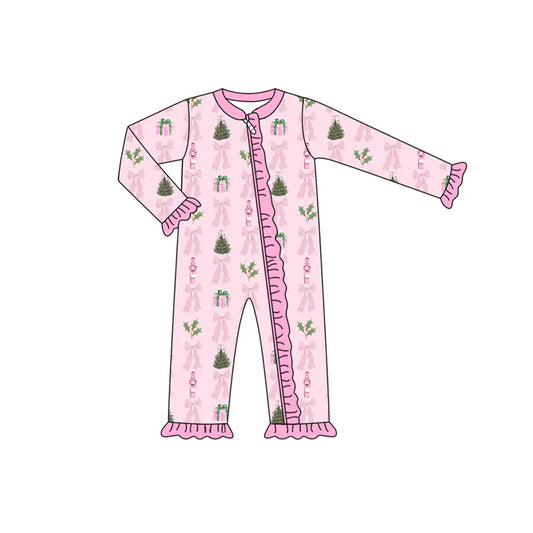 Preorder (moq 5)Baby Girls Long Ruffle Sleeves Pink Bows Trees Zipper Pant Rompers 6.13