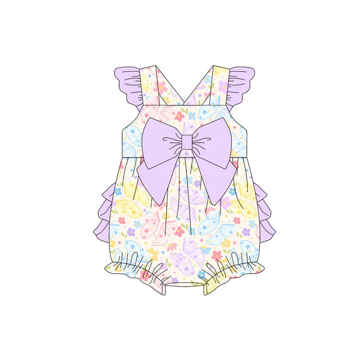 Preorder moq 5 Baby Girls Lavender Flutter Sleeves Colorful Butterfly Floral Bubble Ruffle Rompers 4.17