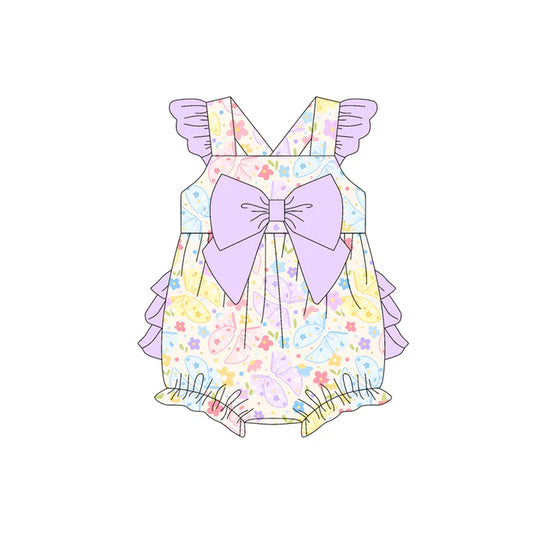 Preorder moq 5 Baby Girls Lavender Flutter Sleeves Colorful Butterfly Floral Bubble Ruffle Rompers 4.17