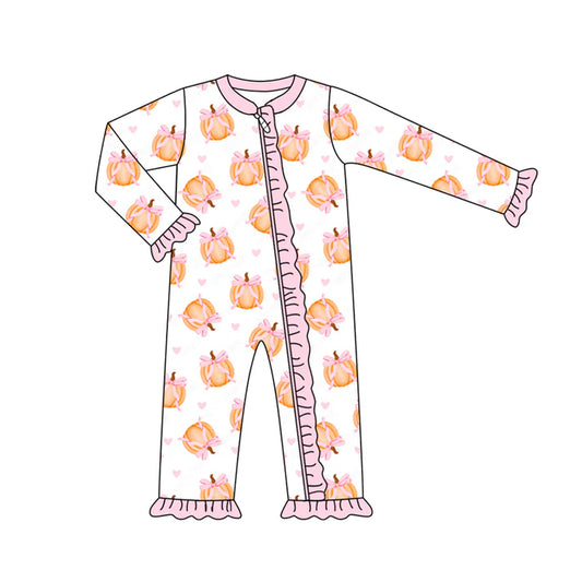 Preorder (moq 5)Baby Girls Long Sleeves Pink Bows Pumpkins Plaid Ruffle Zipper Romper 7.3