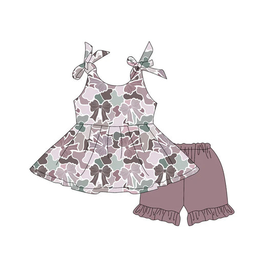 Preorder moq 5 Baby Girls Gray Camo Bows Sleeveless Tunic Ruffle Short Set 4.15