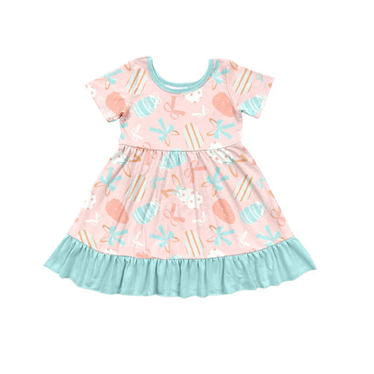 Preorder (moq 8)Baby Girls Short Sleeve Bows Eggs Easter Ruffle Knee Length Dresses 9.17