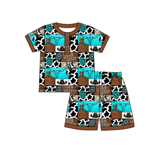 Preorder moq 5 Baby Boys Brown Short Sleeves Boots Cactus Button Top Short Pajamas Set 4.14