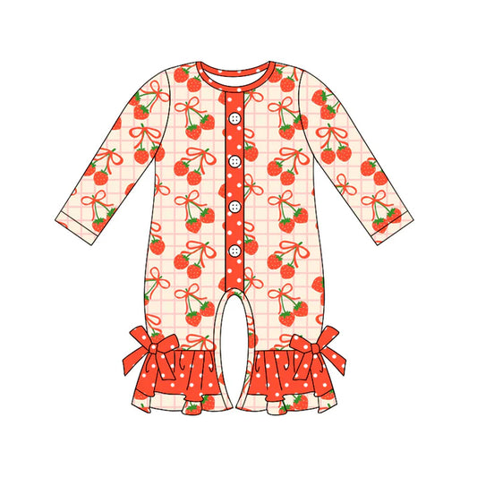 Preorder (moq 5)Baby Girls Orange Long Sleeves Bows Strawberry Button Ruffle Rompers 5.17