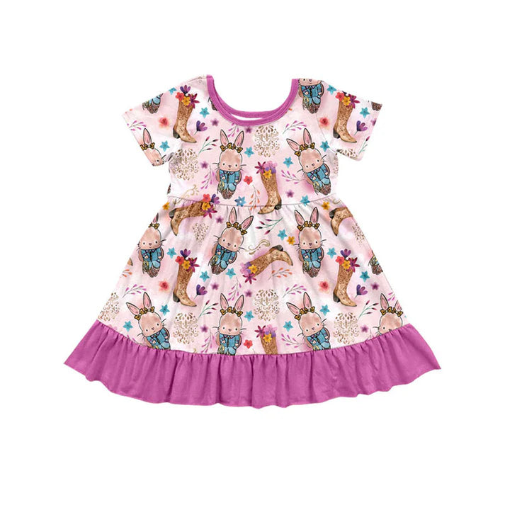 Preorder(moq 8)Baby Girls Rabbits Boots Flowers Easter Ruffle Knee Length Dresses 9.30