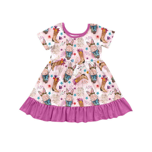 Preorder(moq 8)Baby Girls Rabbits Boots Flowers Easter Ruffle Knee Length Dresses 9.30