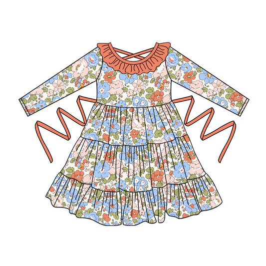 Preorder moq 5 Baby Girls Long Sleeves Peach Blue Floral With Belt Ruffle Knee Length Dress  5.2
