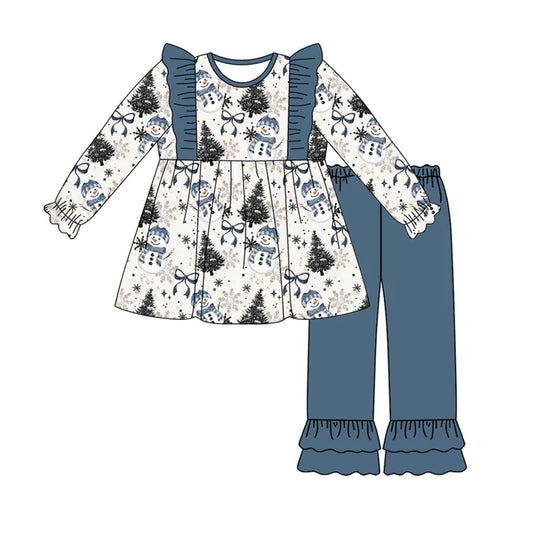 Preorder (moq 5)Baby Girls Long Sleeves Blue Bows Snowman Plaid Tunic Ruffle Pants Set 7.29