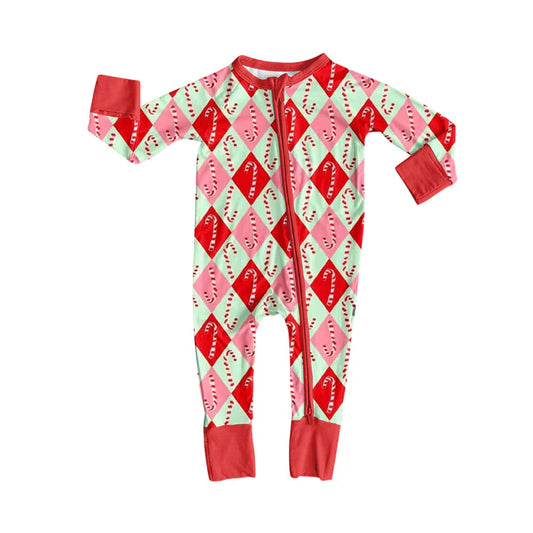 Preorder (moq 5)Baby Girls Long Sleeves Red Green Plaid Candy Cane Zipper Pant Romper 7.3