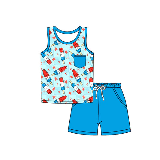 Preorder moq 5 Baby Boys Blue Sleeveless Popsicle Stars Pocket Top Short 4th Of July Set 4.14