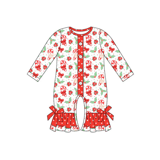 Preorder (moq 5)Baby Girls Long Sleeves Red Bows Candy Cane Holly Button Ruffle Pant Romper 7.3