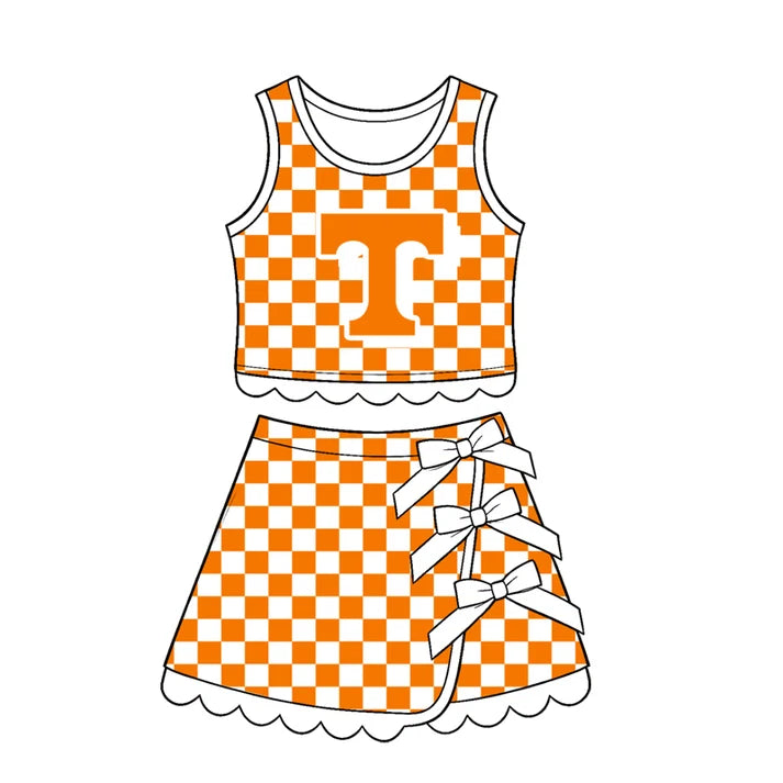 Preorder Baby Girls Orange Checked Tennessee Top Bows Skirt Short Scallop Clothes Set GSD4282