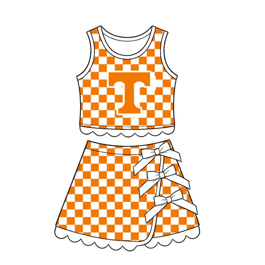 Preorder Baby Girls Orange Checked Tennessee Top Bows Skirt Short Scallop Clothes Set GSD4282