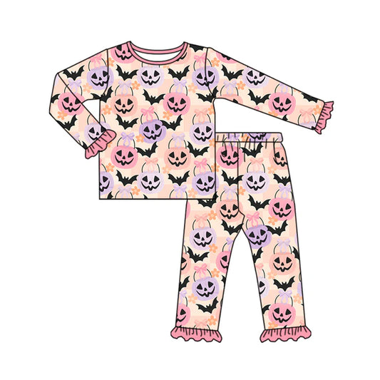 Preorder (moq 5)Baby Girls Pink Plaid Long Ruffle Sleeves Ghost Pumpkins Top Pant Pajamas Sets 6.11