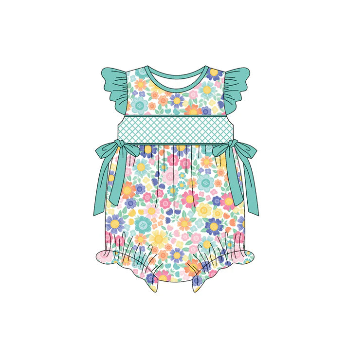 Preorder(moq 5)Baby Infant Girls Green Flutter Sleeves Bows Colorful Floral Ruffle Rompers 5.15