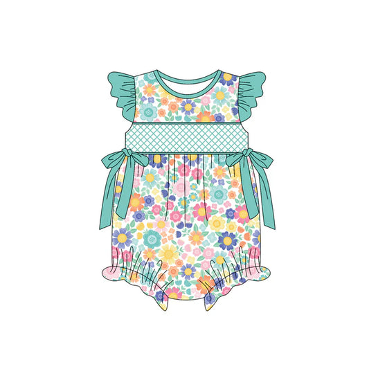 Preorder(moq 5)Baby Infant Girls Green Flutter Sleeves Bows Colorful Floral Ruffle Rompers 5.15