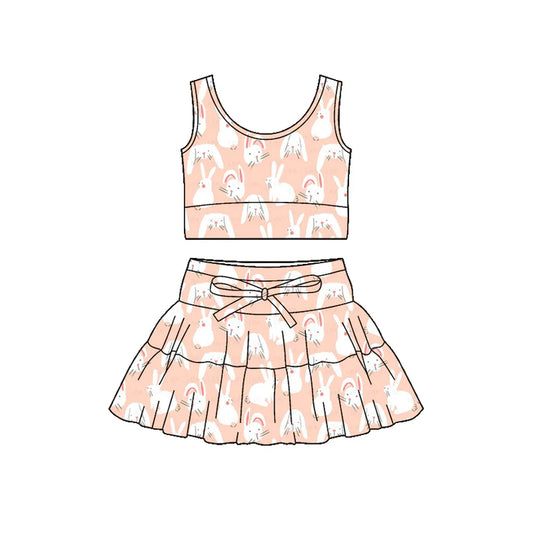 Preorder (moq 5)Baby Girls Pink Rabbits Plaid Vest Ruffle Skirt Shorts Easter Clothes Sets 12.4