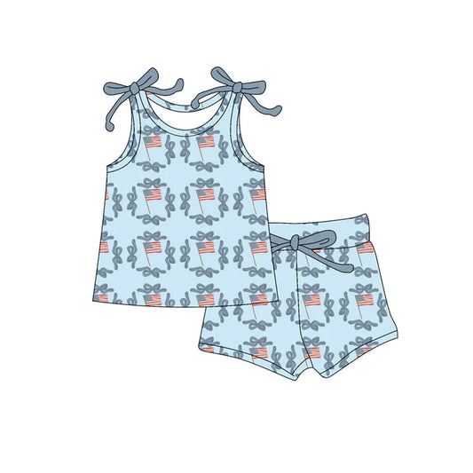 Preorder moq 5 Baby Girls Bows Sleeveless Flags Bows Top Short 4th Of July Set 4.16