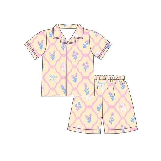Preorder (moq 5)Baby Girls Rabbits Flowers Checked Button Top Shorts Easter Pajamas Sets 12.12