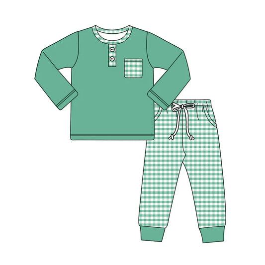Preorder (moq 5)Baby Boys Green Long Sleeves Button Pocket Top Plaid Legging Pant Set 5.27