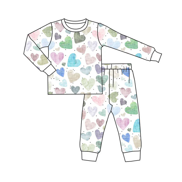 Preorder(moq 5) Baby Girls Colorful Hearts Top Pants Valentine Pajamas Sets 11.4